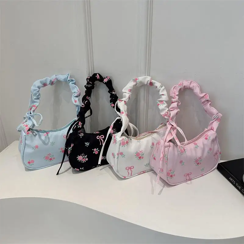 Korean Canvas Shoulder Bags with Cute Flower Bow Print Trendy Handbags for Girls All-Season Accessory