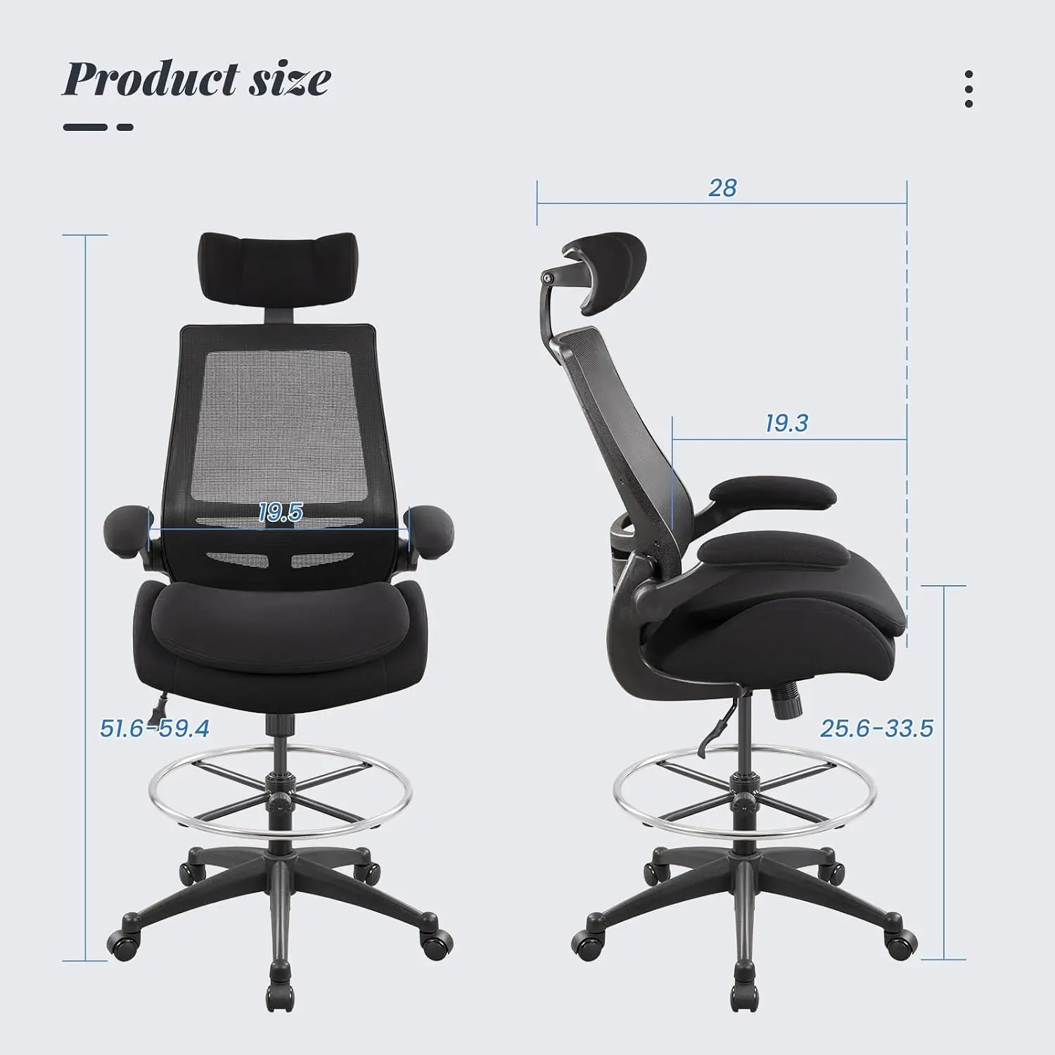 Ergonomic Drafting Tall Office Chair for Standing Desk, Flip-Up Arms, Headrest, Footring, Black, Customized