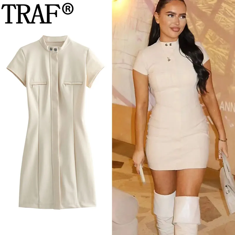 TRAF Bodycon Mini abito donna manica corta abiti estivi cerniera abiti corti Casual per le donne abiti eleganti da ufficio pieghettati