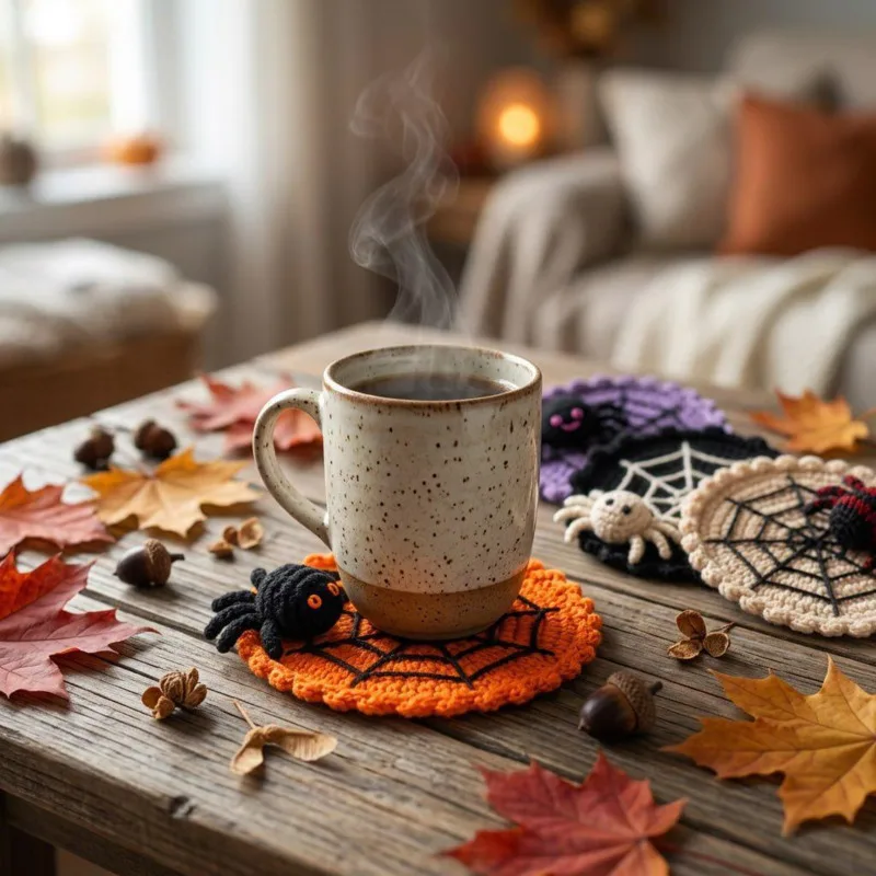 10cm Coaster Handmade Crochet Cup Mat Halloween Spider Web Coffee Tea Drink Table Placemat Gothic Home Party Decoration