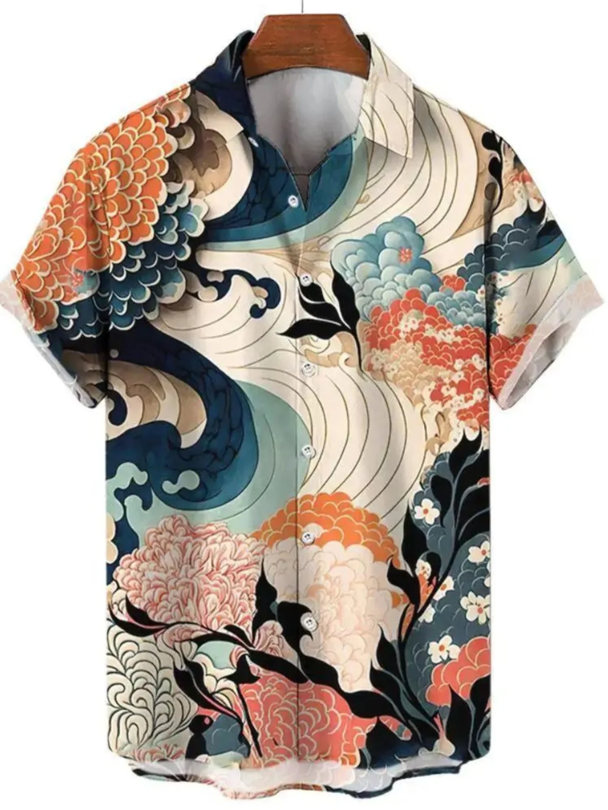 

Retro Digital Print ort Sve Men's Casual irt Stand Fit Youth Trend Daily Wear Autumn Season Collar Button up