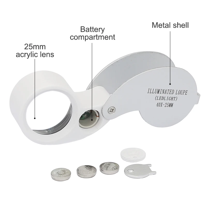 Imagem -05 - Mini Jóias Lupa Led Lupa Dobrável Lente Diâmetro 25 mm Bolso Iluminado Lupa para Jade Apreciação 40x