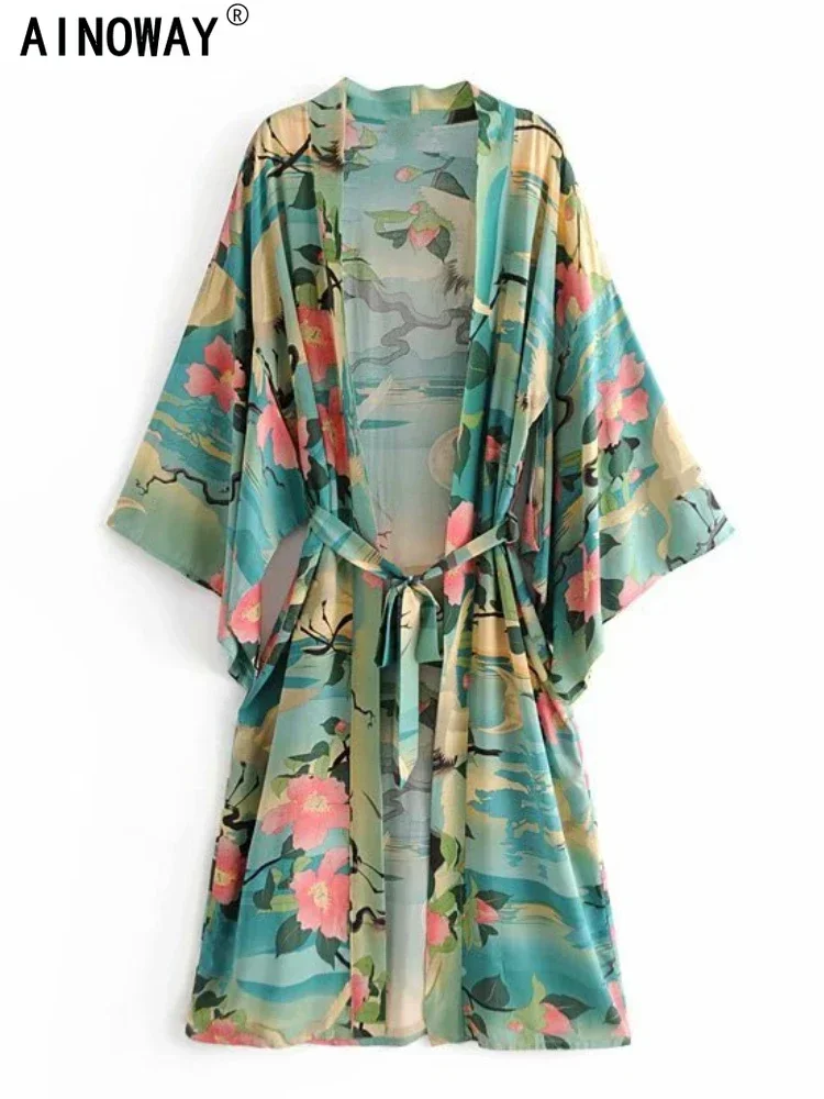 Green Crane Floral Print Boho Kimono Dress Women V Neck Batwing Sleeves  Rayon Cotton Bohemian Beach Robe Cover-ups