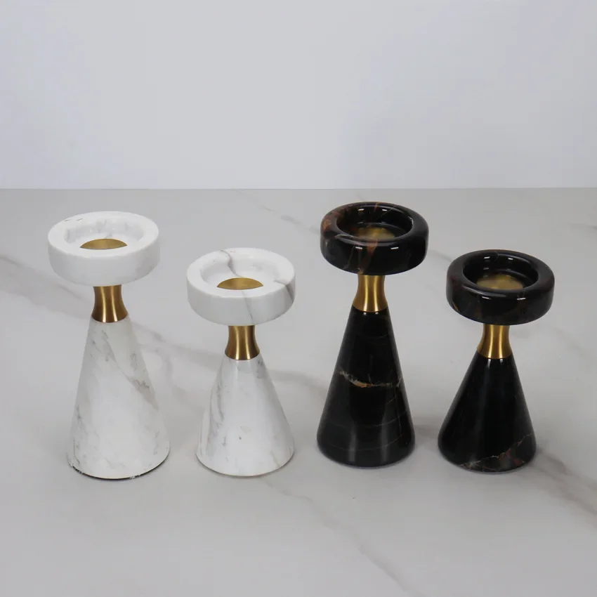 Natural marble bottom conical splicing metal black gold flower cave stone candle holder model room home living room decoration