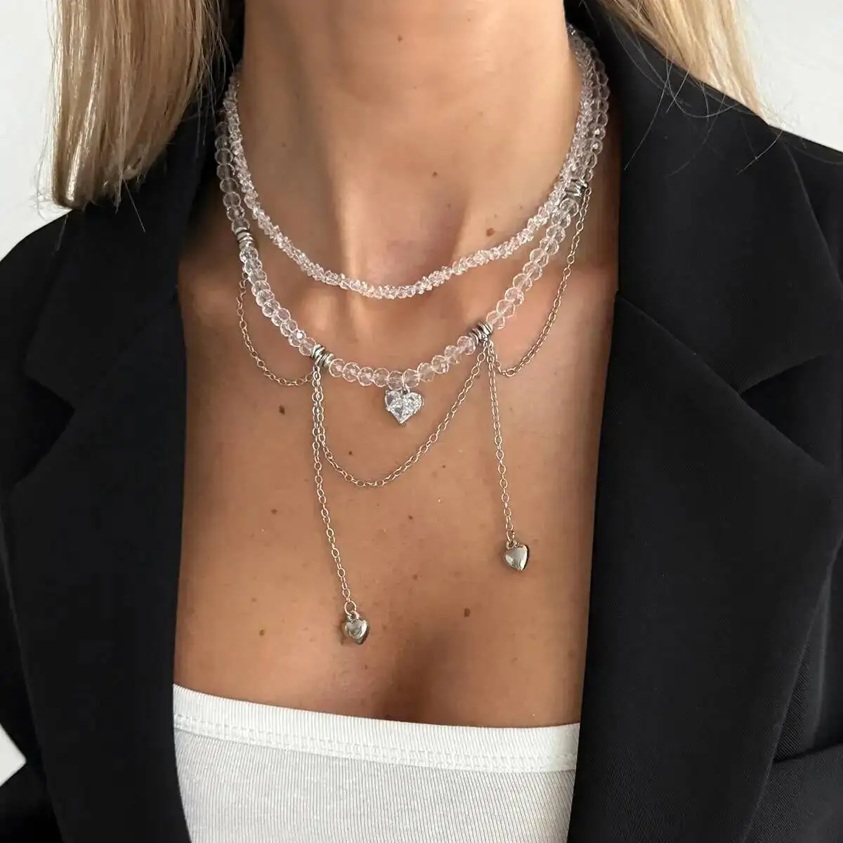 

KunJoe 2Pcs/Set Elegant Crystal Chain Choker Necklace for Women Simple Fashion Love Heart Pendant Necklace Jewelry on the Neck