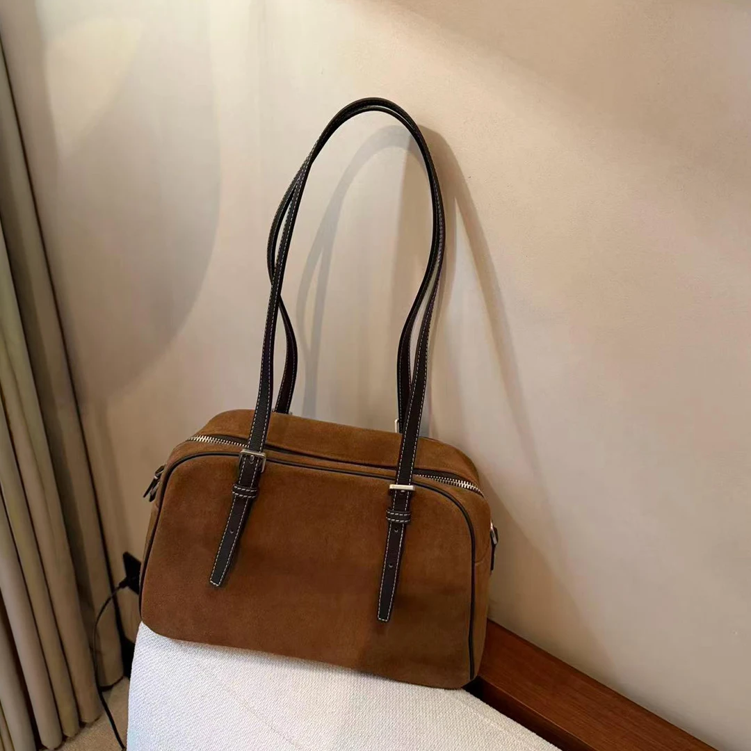 Mendy Genuine Leather Suede Boston Bag Women Double Handle Crossbody Detachable Strap Structured Large Capacity Daily Commute