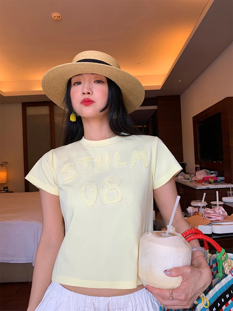 

Short Sleeve round Neck Embroidered T-Shirt Women's Slim Fit Korean Style Commute Fashion Cotton Polyester Blend Summer Top