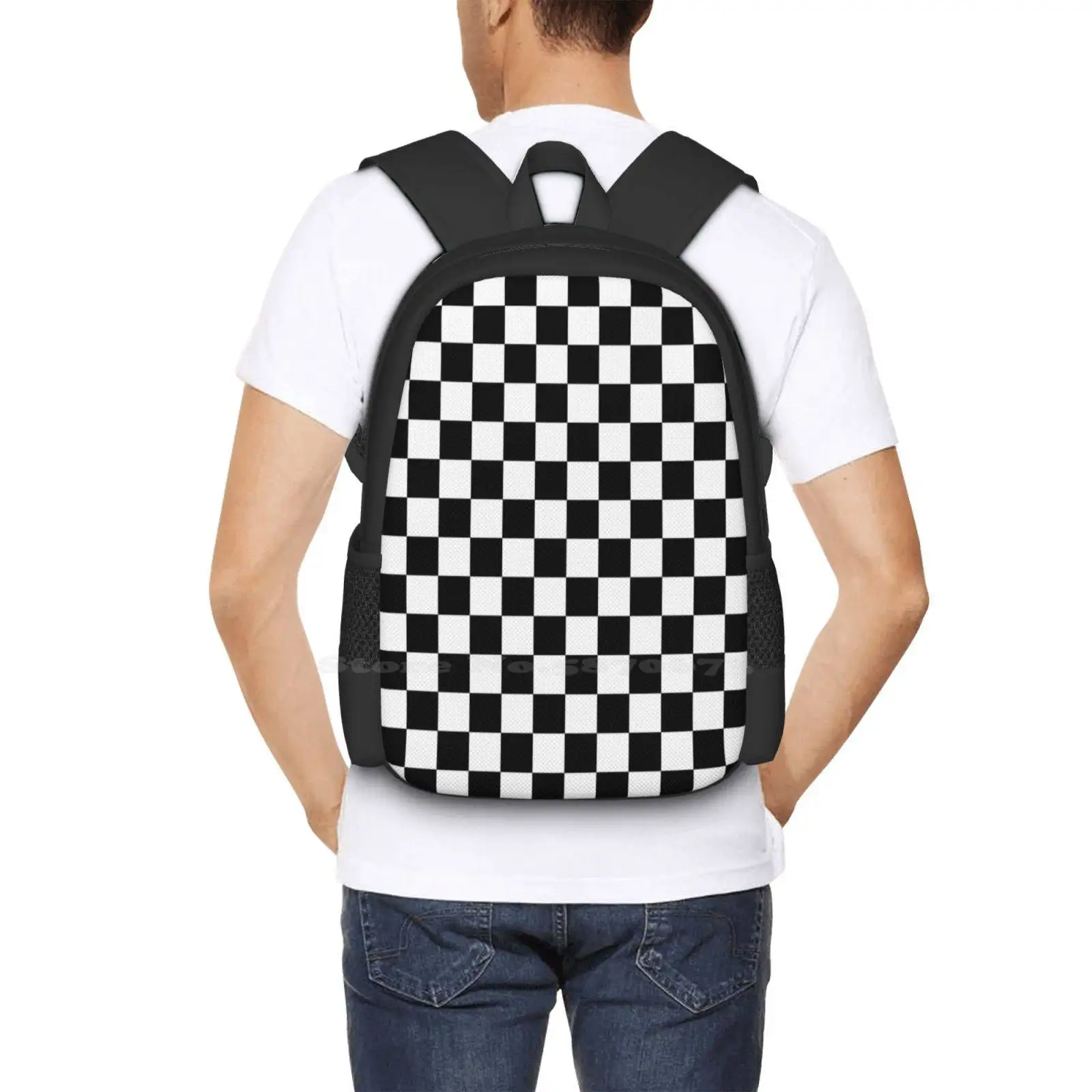 Checkerboard Pattern ( Black / White ) 3D Print Design Backpack Student Bag Black White Checkered Checkerboard Chess Racing