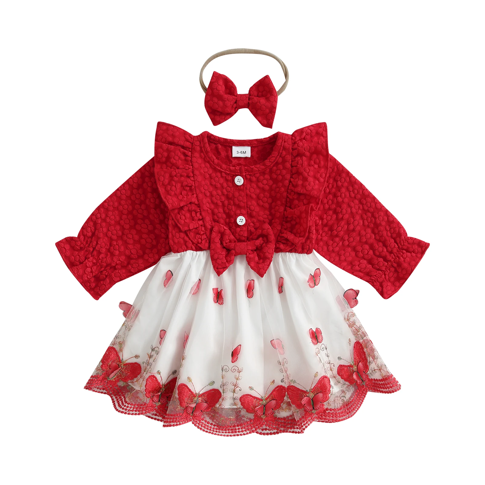 

Baby Girls Autumn A-line Dress Long Sleeve O Neck Floral Tulle Patchwork Dress with Headband
