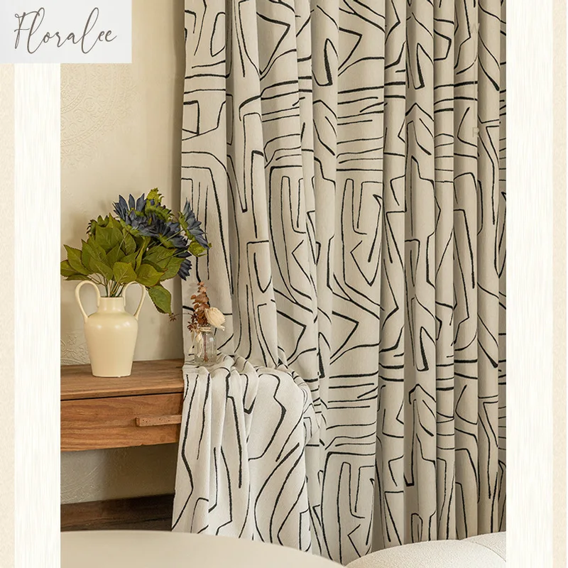 Striped Chenille Black and White Jacquard Blackout Curtains for Living Dining Room Bedroom French Abstract Curve Fabric Custom