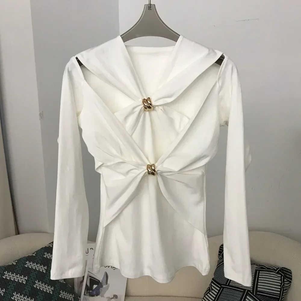 

Autumn 2025 New Folds Hollow Out Elastic Fashion Women's Knitted Pullover Long Sleeves Knot Slim Designer Sweater Spring