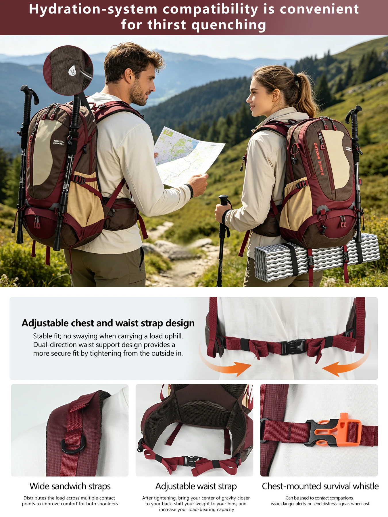 ROYAL MOUNTAIN 35L Wander- & Alltagsrucksack mit Schuhfach, mehreren Taschen, Hüfttasche, Brustschnalle, wasserabweisendem Stoff – Detail 4