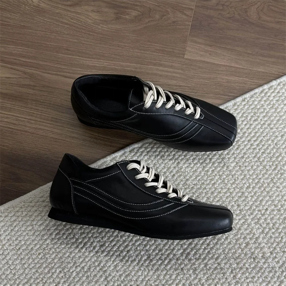 2026 Autumn Square Head Training Shoes Old Money Style Retro Thin Bottom Height Increasing Relaxation Casual Leather Shoes