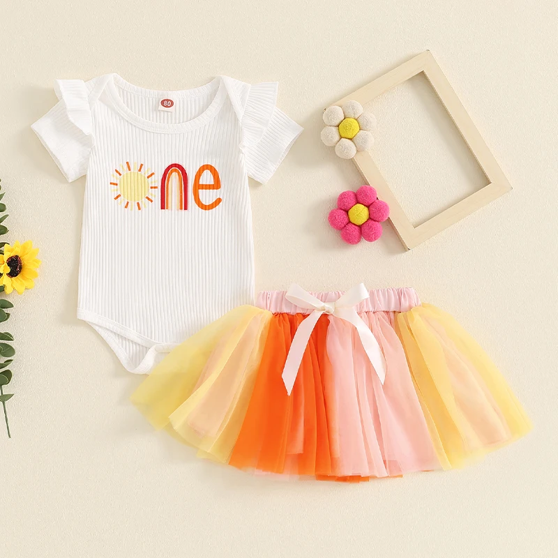 

Baby Girls Birthday Outfit Letter Print Short Sleeve Rompers and Colorful Tulle Skirt Set Summer Cute Clothes