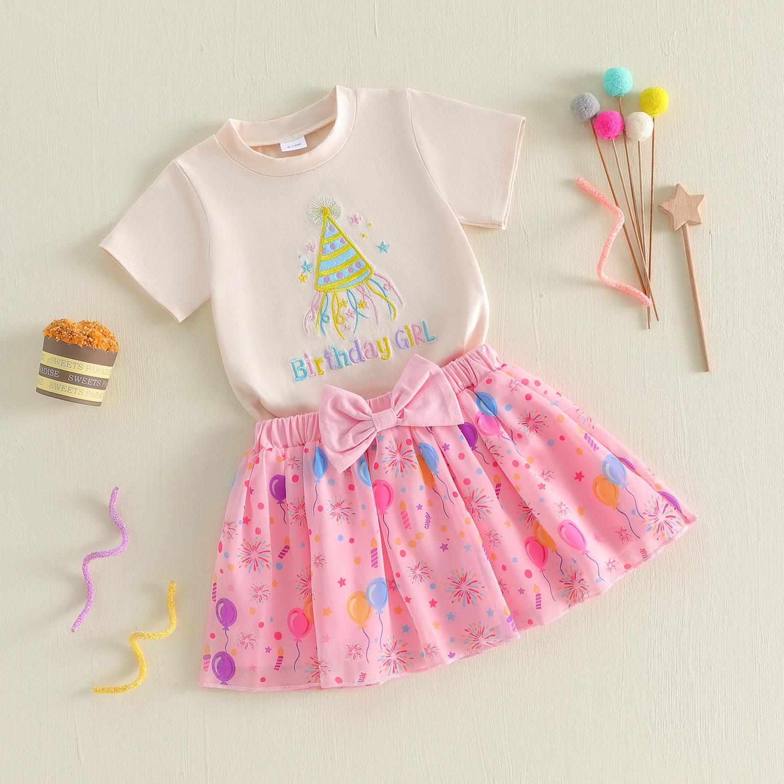 1-5Y Toddler Girl Birthday Outfits Hat Letter Embroidery Short Sleeve T-Shirts Elastic Waist Skirts 2Pcs Clothes Set