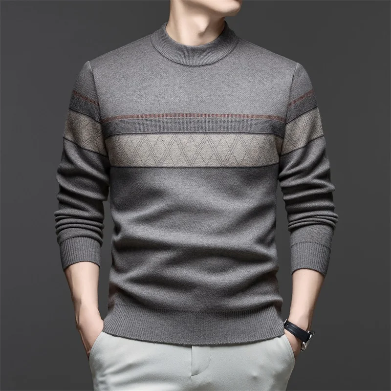

Men's Winter Knitted Sweater Overhead f High Collar Stand Stripes Soft Acrylic Polyester Nylon Busin Casual Warm Top