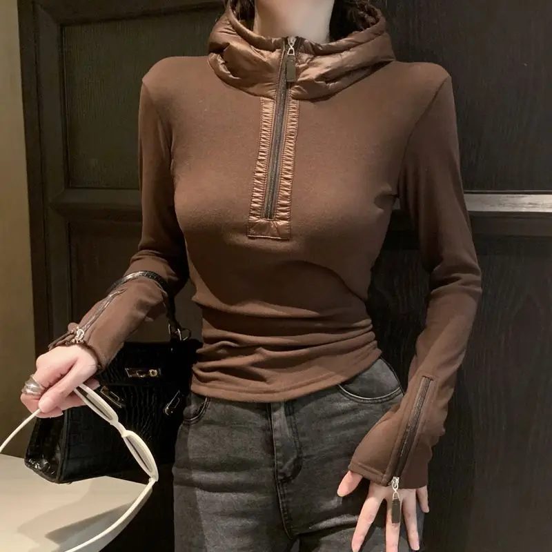 

Niche Half Zipper Hooded T-shirt for Women Autumn Winter Soft Slim Fit Long Sleeved Bottom Shirt Cuff Half Zipper Collar Hoodie