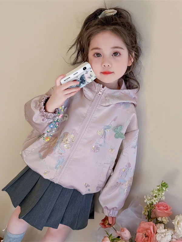 

Spring Faionable Embroidery Hooded Jaet for Little Girls Casual Loose Fit Zipper Closure Breathable Long Sve