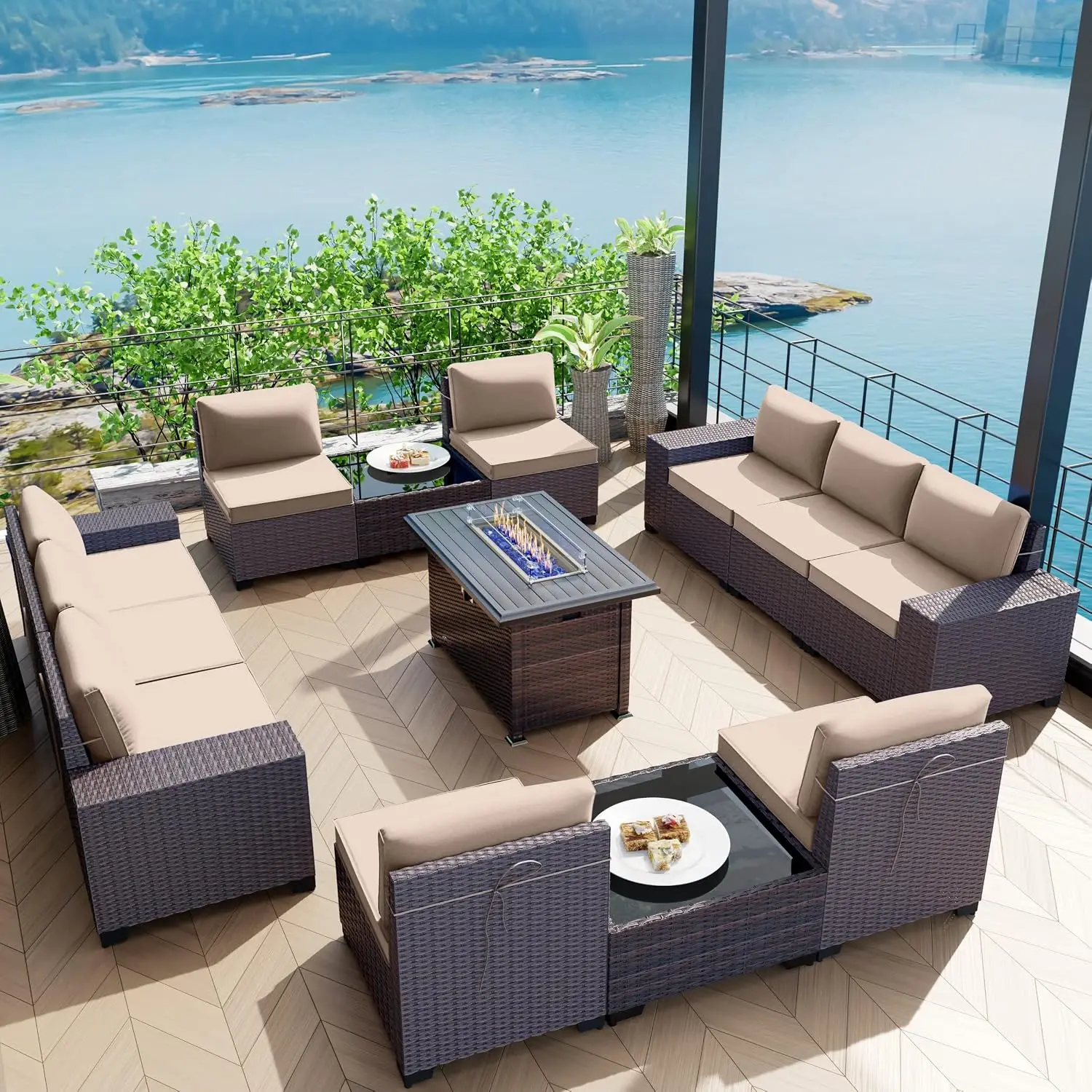 13 Piece Outdoor Wicker Patio Furniture Set with Fire Pit Table, Customized