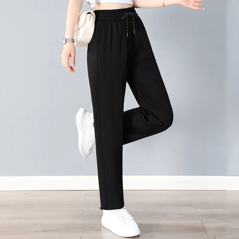 ใหม่สตรีฤดูร้อนผ้าไหมน้ําแข็งบางกางเกงเอวสูงแฟชั่นอเนกประสงค์แห้งเร็วหลวมสบายๆกีฬา 9 จุดกางเกง