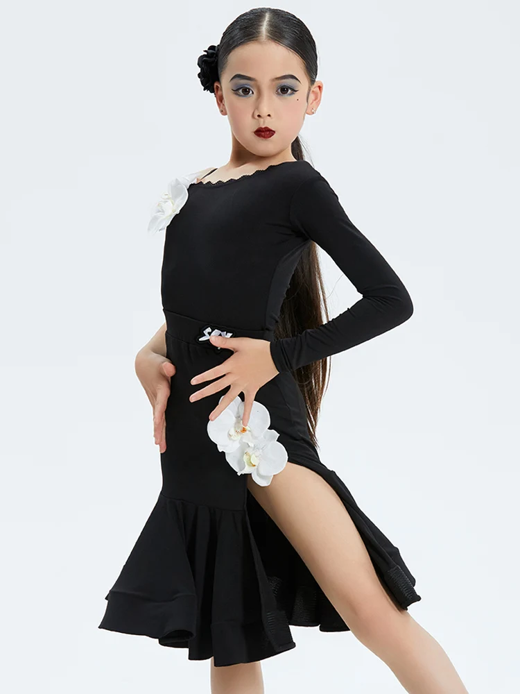 Latin Dance Dress Girls Schräg schulter Einarm schwarz Wettkampf kleid Ballsaal Tanz Performance Wear Blumen kleid dnv17812