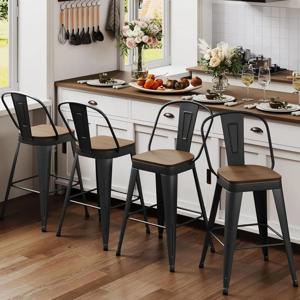 24 Inch Bar Stools Set o 4, Industrial Counter Height Barstools High Back Metal Bar Stools with Large Wood Seat Bar Chairs or Ki - view 4