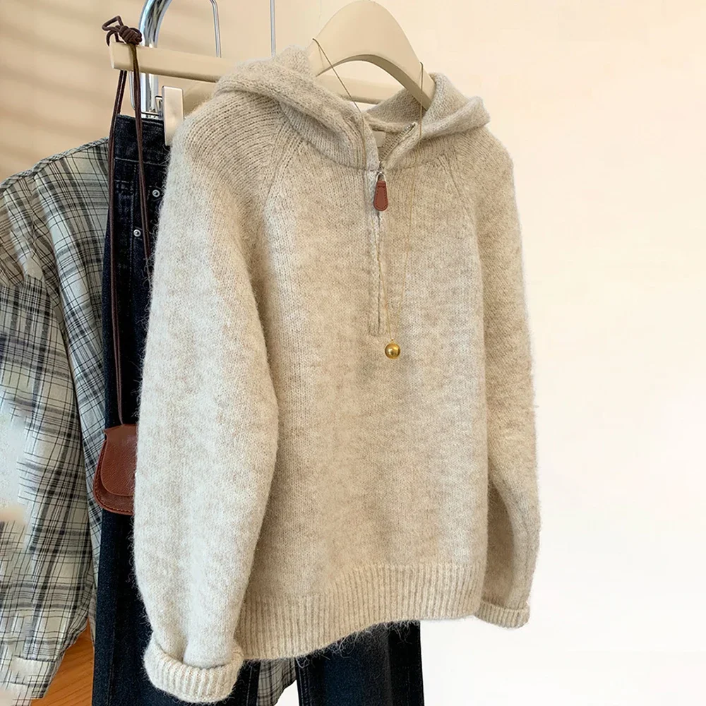 

2025 New Casual Long Sleeve Thick Warm Knit Sweater Tops Soft Knitted Half-Zip Hoodies for Women Hooded Pullover Sweaters