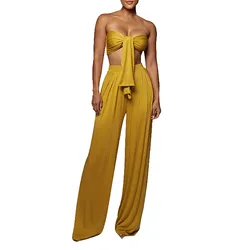 Ladies' Summer Solid Color Lace Up Tube Top Midwaist Wide Leg Pants Fashion Casual Set Womens Pants Suits