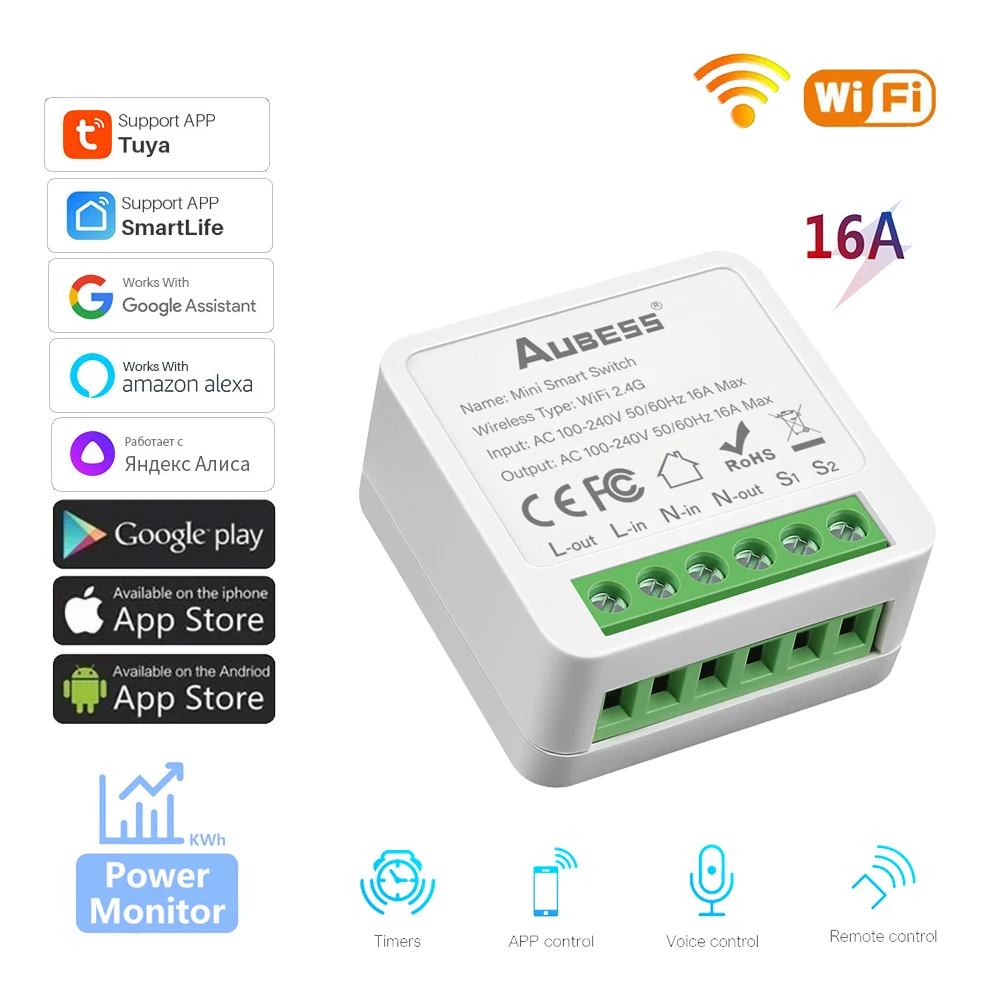 Tuya Wifi DIY Switch 16A 2-Way Circuit Breaker Timer Power Monitor Mini Switch Module Voice Control Via Alexa Google Home Alice