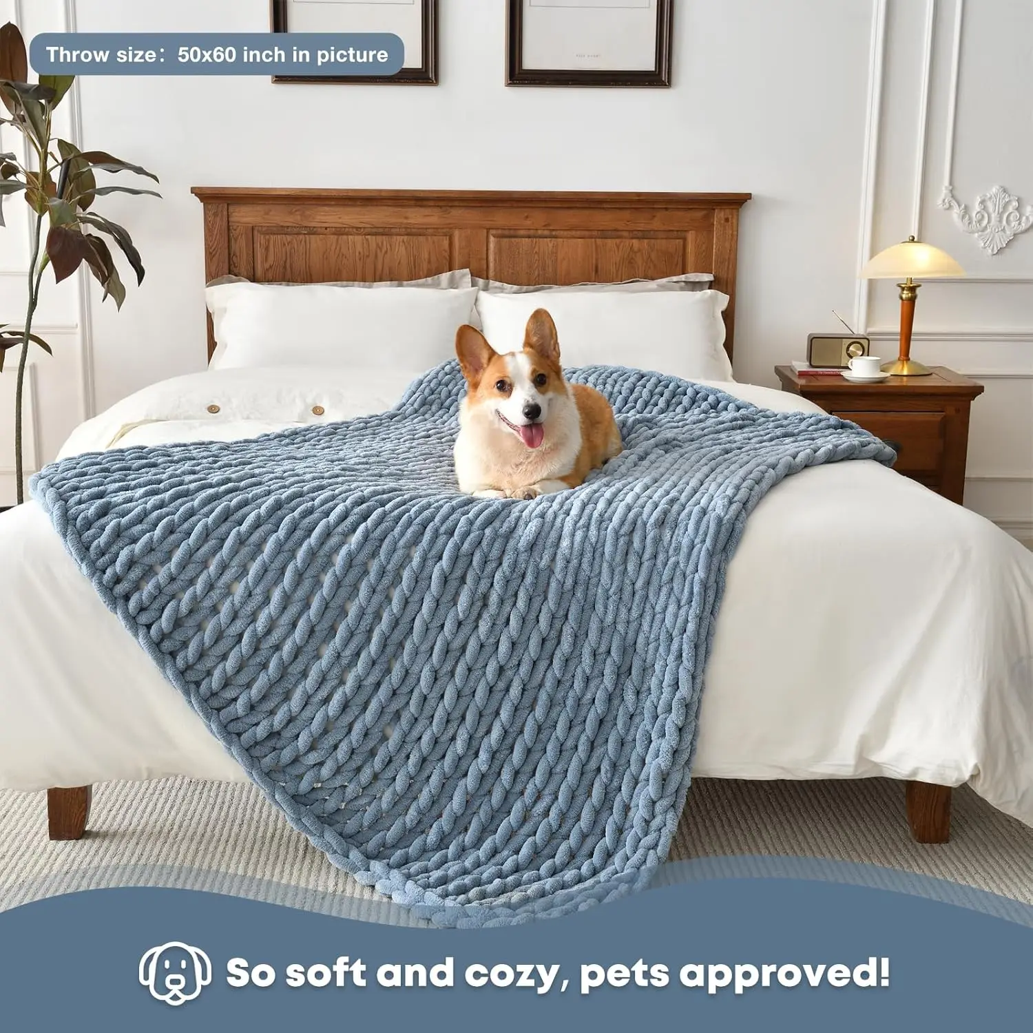 

US Shipping Soft Chunky Knit Blanket 50x60 Inch Handmade Thick Chenille Yarn Throw No Shedding Raveling Cozy Airy Blue Sofa