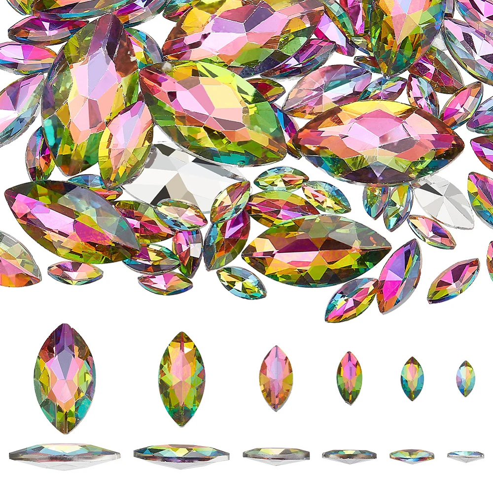 

94Pcs 6 Style Glass Rhinestone Cabochons Pointed Back Back Plated Faceted Horse Eye Colorful 10~31x5~17x3~6.6mm