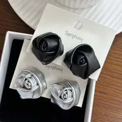 French Vintage Silver Color Leather Rose Stud Earrings Feminine Niche Fashion Necklace Delicate Unique Hairpin Jewelry Set