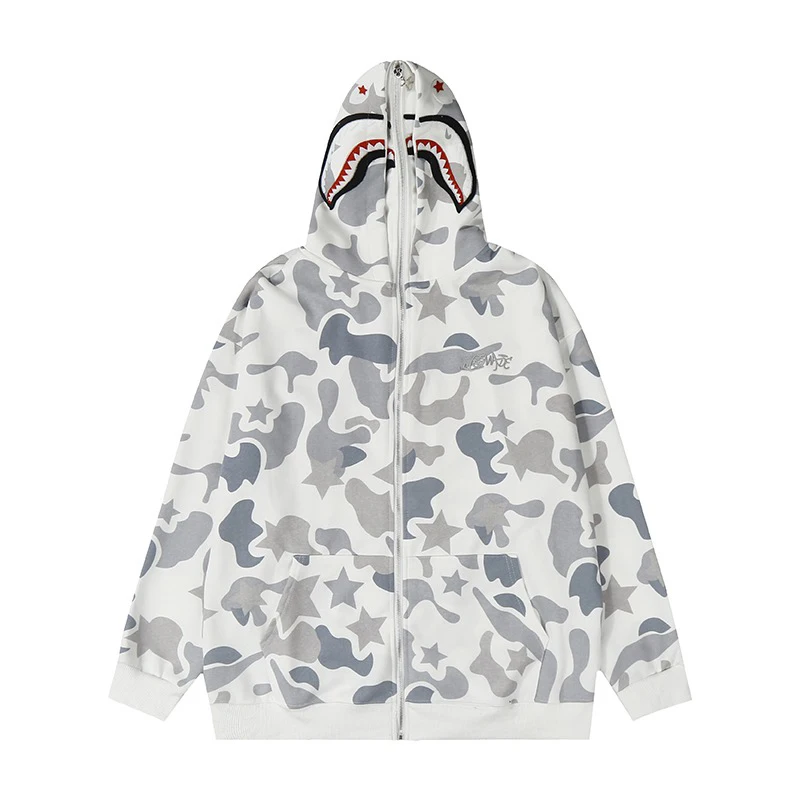 American High Street Double Hat Camouflage Shark Zipper Hoodies Men Couple Coat Spring Autumn Hip Hop Loose Hooded Cardigan Male