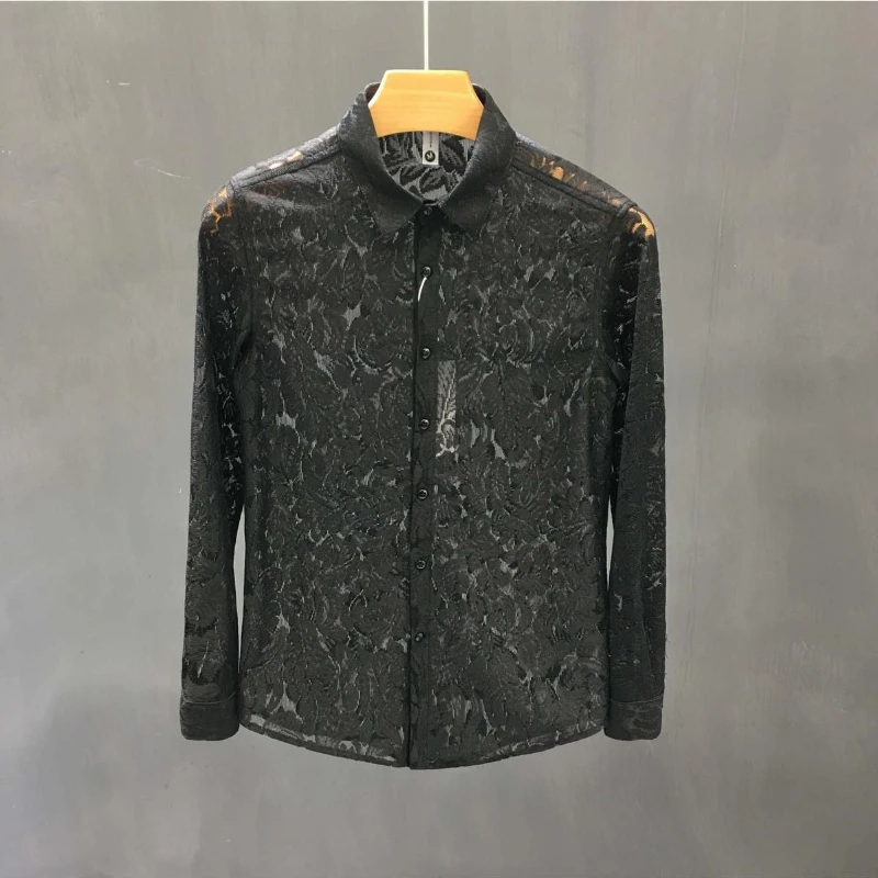 Men Slim Fit Lace Shirt Korean Style Spring New Multi Color Versatile Unique Personality Fashionable Elegant Barber Shirt