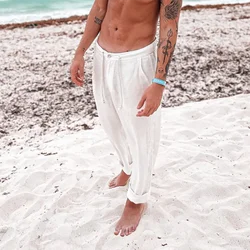 Pantaloni Casual in cotone di lino con coulisse allentati da spiaggia 2024 primavera nuovi uomini abbigliamento pantaloni da esterno in tinta unita per uomo S M L 2XL