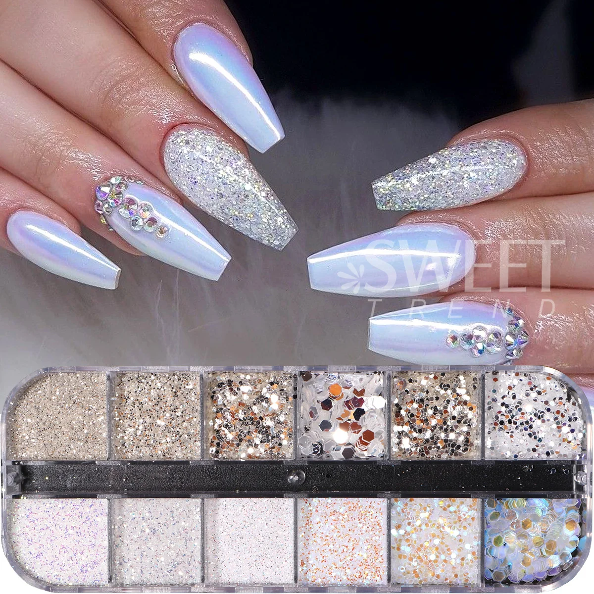 2박스 반짝이는 설탕색 화이트 네일 글리터 피그먼트 겨울 눈빛 무지개빛 스팽글 레이저 홀로그램 파우더 스웨터 매니큐어 장식