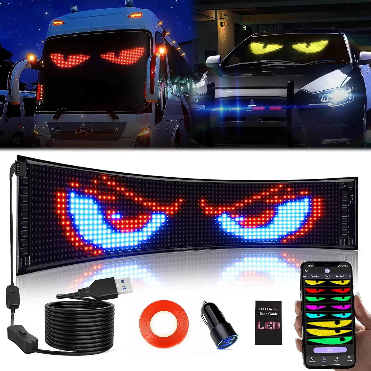 Devil Eyes Luce LED Display LED a scorrimento digitale flessibile Controllo APP Bluetooth Modello di testo personalizzato Animazione Segnale LED per auto