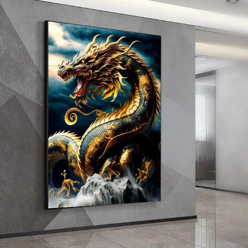 Canvas Wall Art Painting Chinese The Mighty Gold Dragon Posters and Prints Pictures for Modern Living Room Decoration Painting