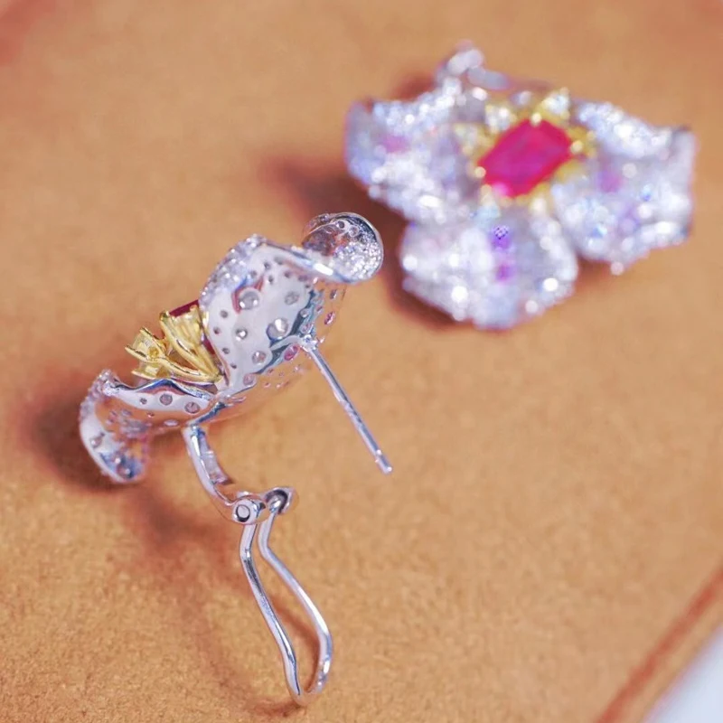 Flower Earring For Women Fine Jewelry 925Sterling Silver With Cubic Zirconia Elegant Wedding Party Colourful Romantic  Cute