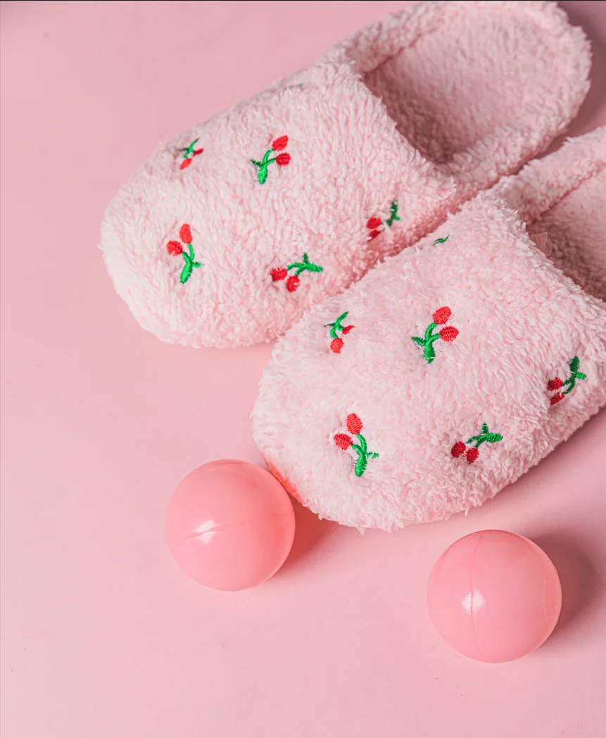 Cute Embroidered Fruit Cherry Heart Plush Autumn and Winter Warm Women's Home Slippers Couple's Home Bedroom Slippers Silent Floor Socks Slippers - view 5