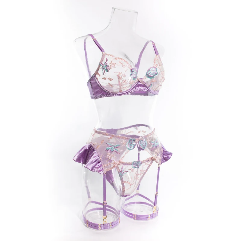 Bikini fashion sexy swimsuit embroidered color-block satin lingerie four-piece set