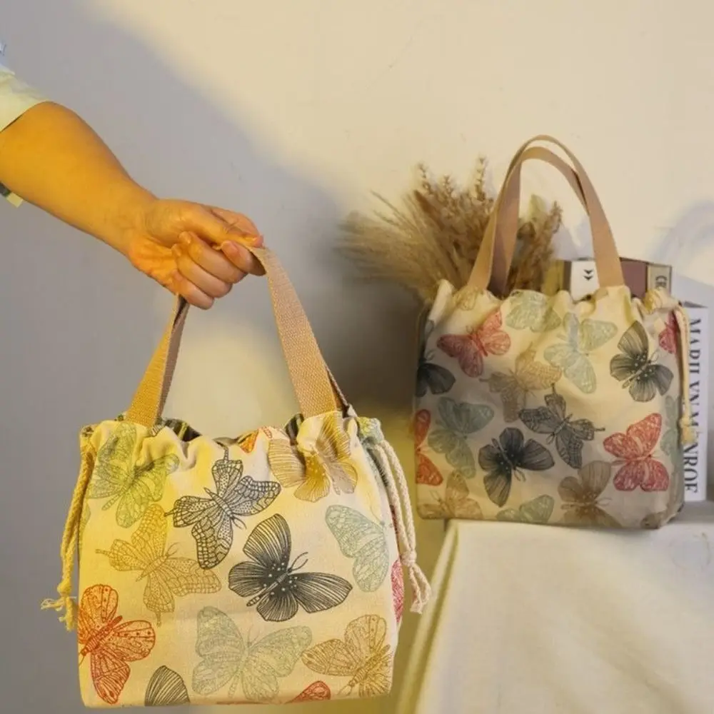 

Butterfly Printed Drawstring Canvas Handbag Large Capacity Fashion Japanese Style Lunch Bag INS Square Women's Tote Bag