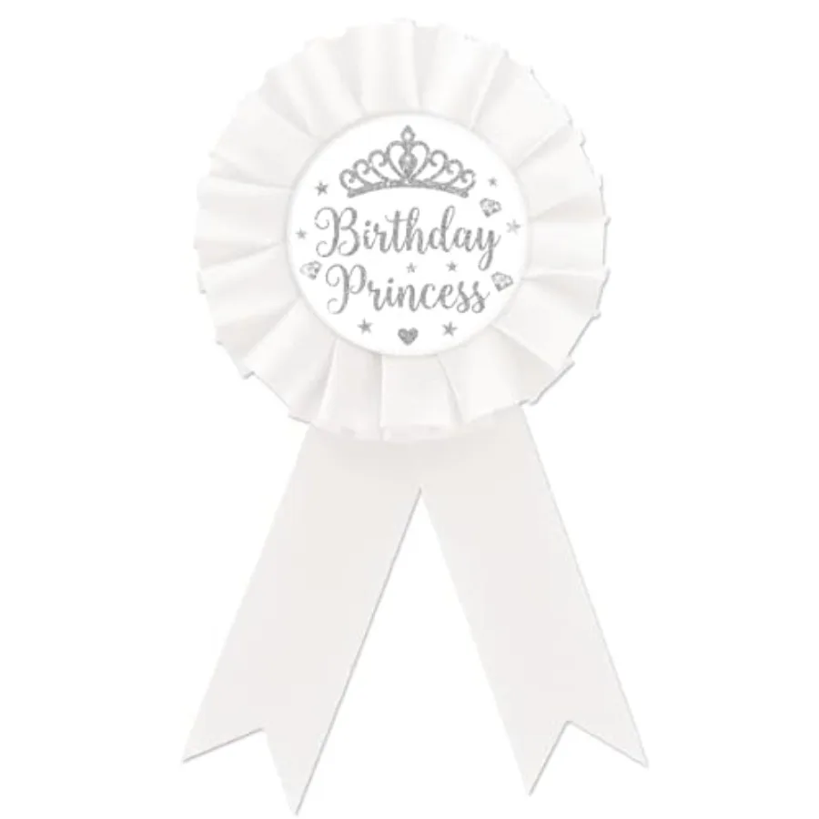 

Birthday Princess Tinplate Badge Pin, Silver Happy Birthday Button Pin, White Rosette It's My Birthday Award Ribbon Brooch for