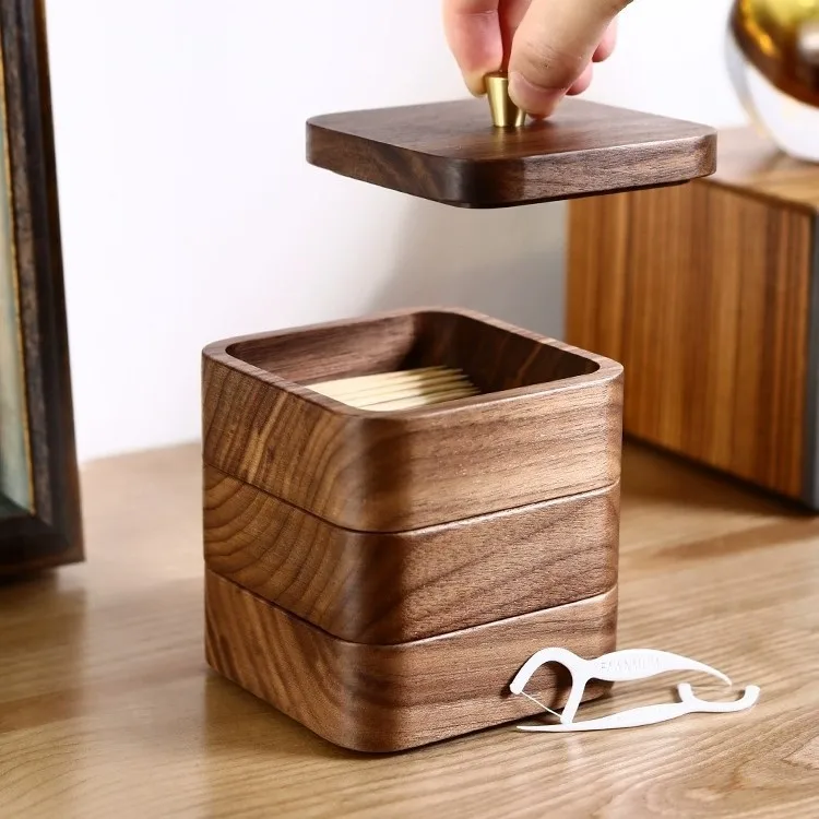 JUSTINLAU Natural Black Walnut Wood Dental Floss Box  Multi-Layer Storage Case with Lid  Portable Toothpick Floss Dispenser