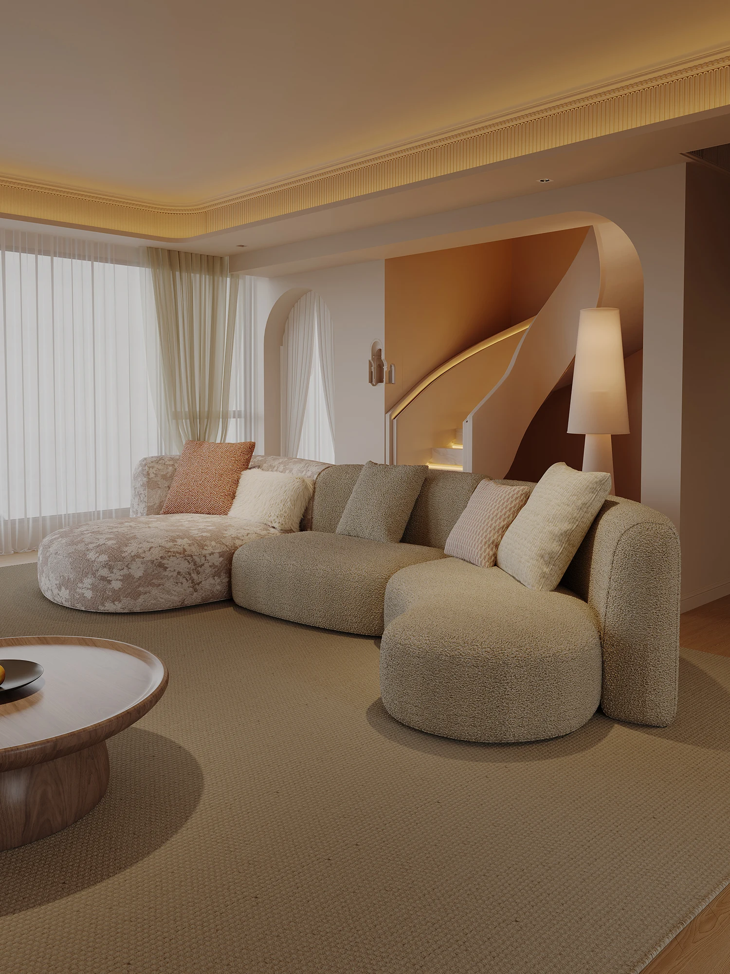 Beige Floral Chenille Curved Chaise Sofa Oval Lounge With Boucle Corner Module Wraparound Armrest Floor Style For Living Room