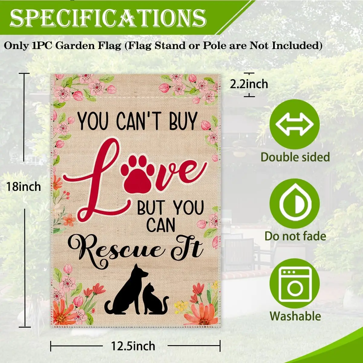 You Can't Buy Love But You Can Rescue It Garden Flag, 12 x 18 Inch Double Sided Pet Rescue Yard Garden Lawn Patio Decor