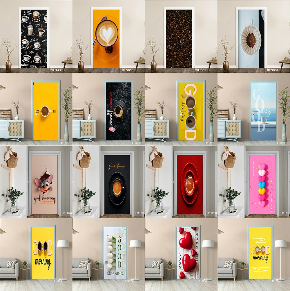 

Coffee Lover Door Sticker, Self-Adhesive & Peel and Stick, Removable Good Morning Art Mural for Kitchen & Home Decor