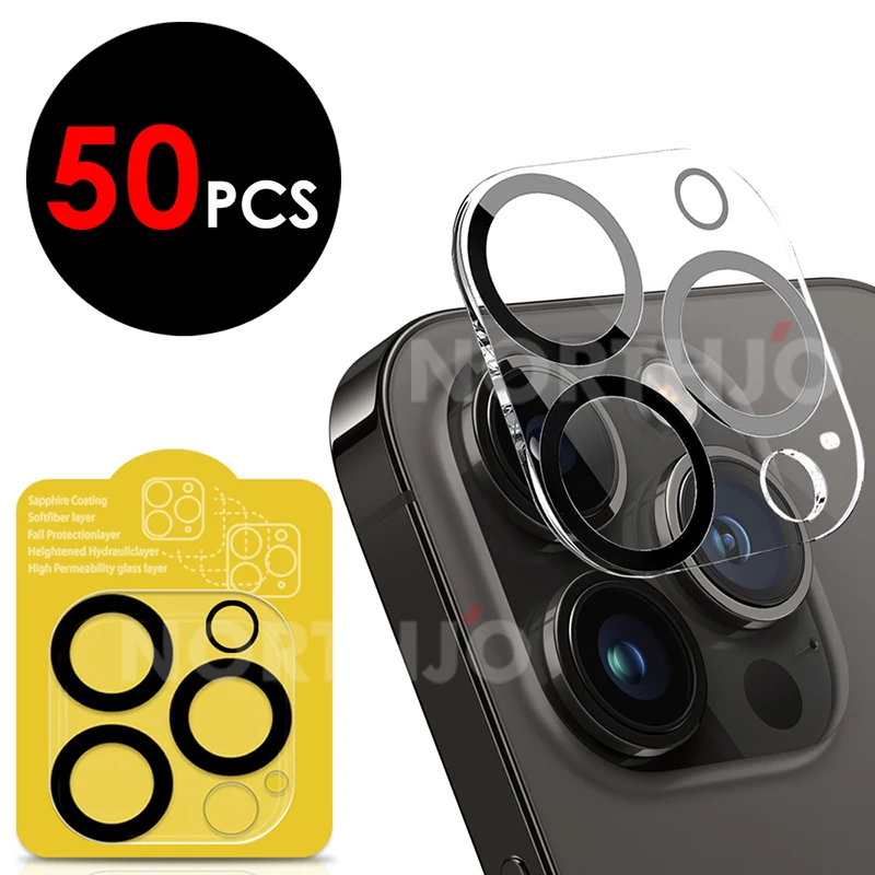 50Pcs Camera Lens Film For iPhone 15 Pro 14 Plus 13 12 11 Max Mini Screen Protector Black 3D Full Cover