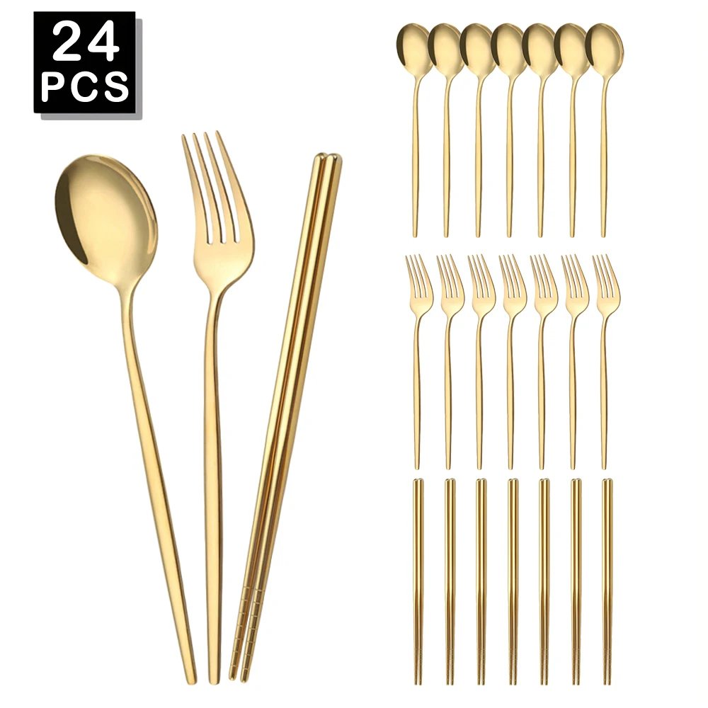 

Golden Korean Tableware Set 24Pcs Luxury Cutlery Set Stainless Steel Dinnerware Fork Spoon Chopsticks Flatware Set