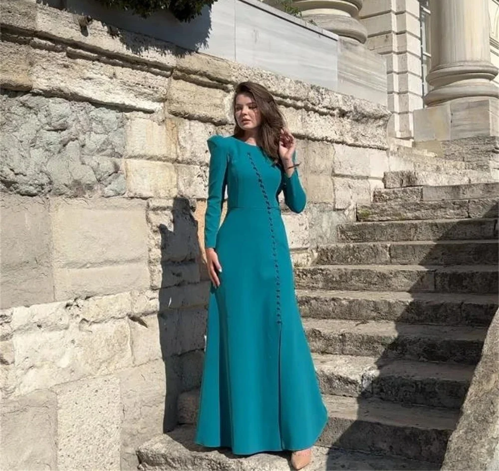 فساتين سهرة نسائية باللون الأزرق المخضر بأكمام طويلة مناسبة مخصصة فساتين سهرة للجنسين جيرسي ريترو دبي السعودية العربية للحفلات الراقصة حسب الطلب